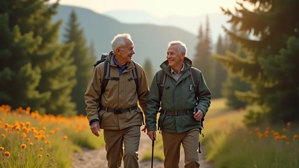 Seniori gājienā dabas apkārtē ar skaistem ainām, aktīvs dzīvesstils
